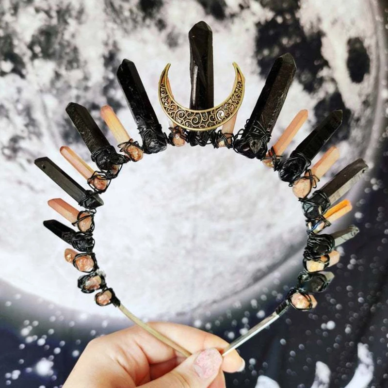 

Boho Antique Moon Jewelry Tiara Crown Headband Contrast Color Bright Raw Crystal Quartz Halo Hair Hoop Party Headdress 50LD