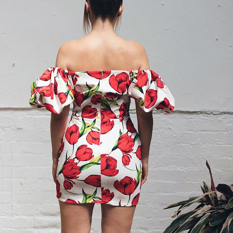 

Women Summer Dress 2021 Floral Printed Off Shoulder Summer Mini Dress Beach Dress