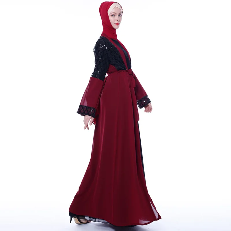 latest Dubai long-sleeved dress Muslim party Abaya ladies Arabian lace cardigan patchwork Turkish Islamic prayer gown robe