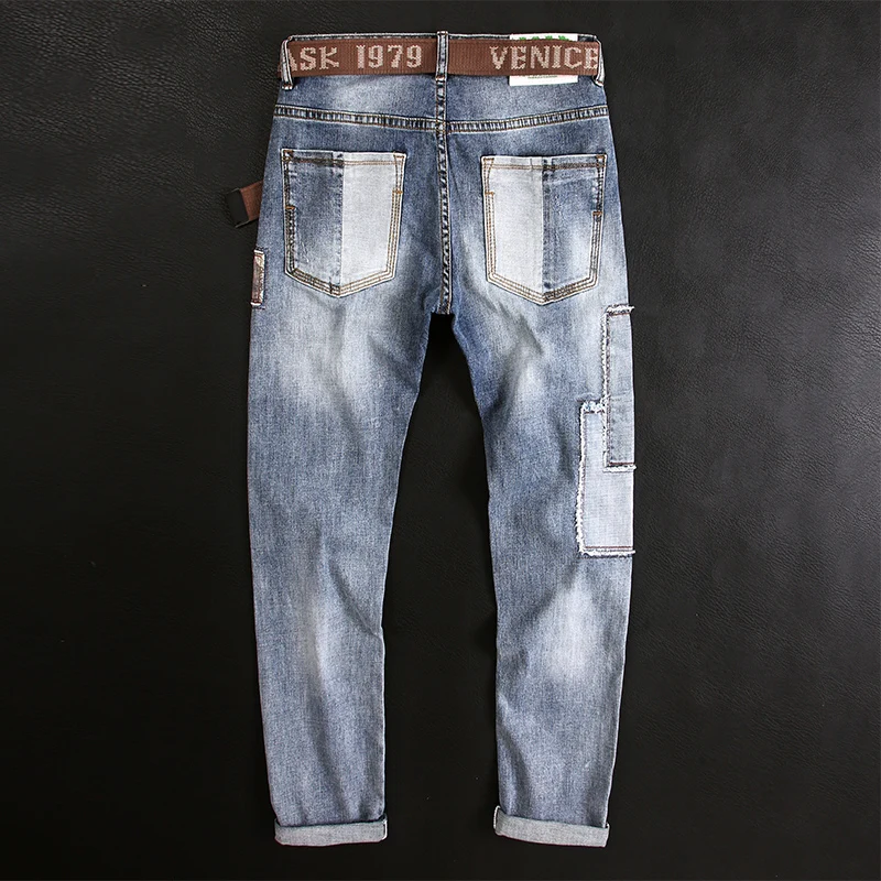 European American Street Fashion Men Jeans Retro Light Blue Elastic Slim Ripped Jeans Men Spliced Patch Designer Hip Hop Pants