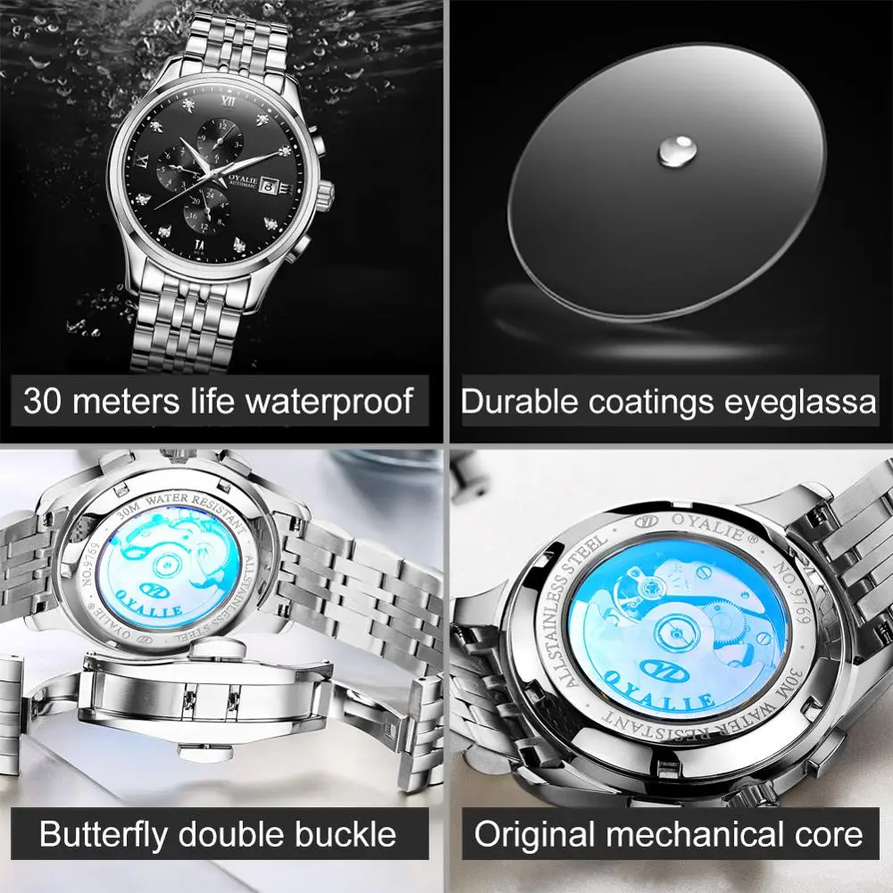 

men's automatic mechanical wristwatch luxury fashion casual trending brand tungsten steel watchband with three calendar clock
