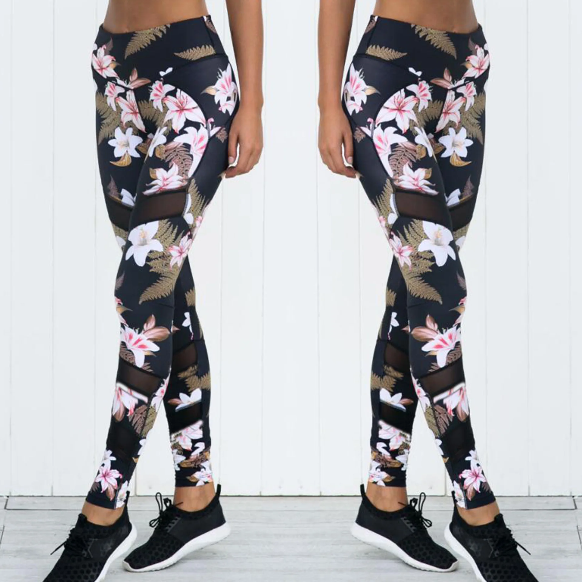 

Yoga Pants Women Running Tights S-XL Sport Fitness Leggings Stretching Mesh Patchwork Gym Tights Flower Jogging Workout Pants