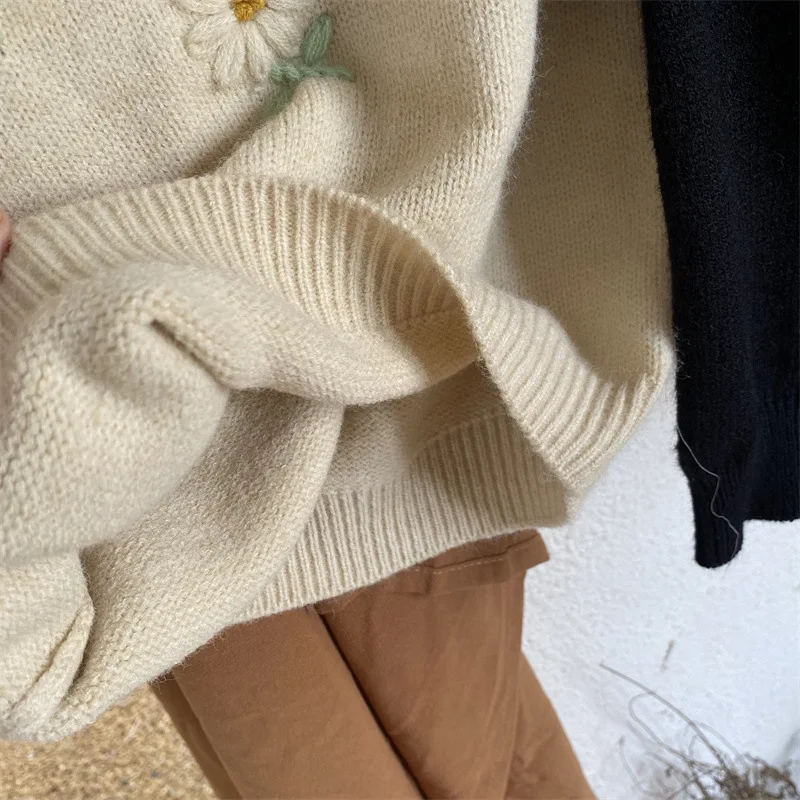 Teenmiro Kids Girls Daisy Knitwear Winter Teenager Embrodiery Flowers Pullover Sweater Toddler Knit Wear Children Knitted Tops