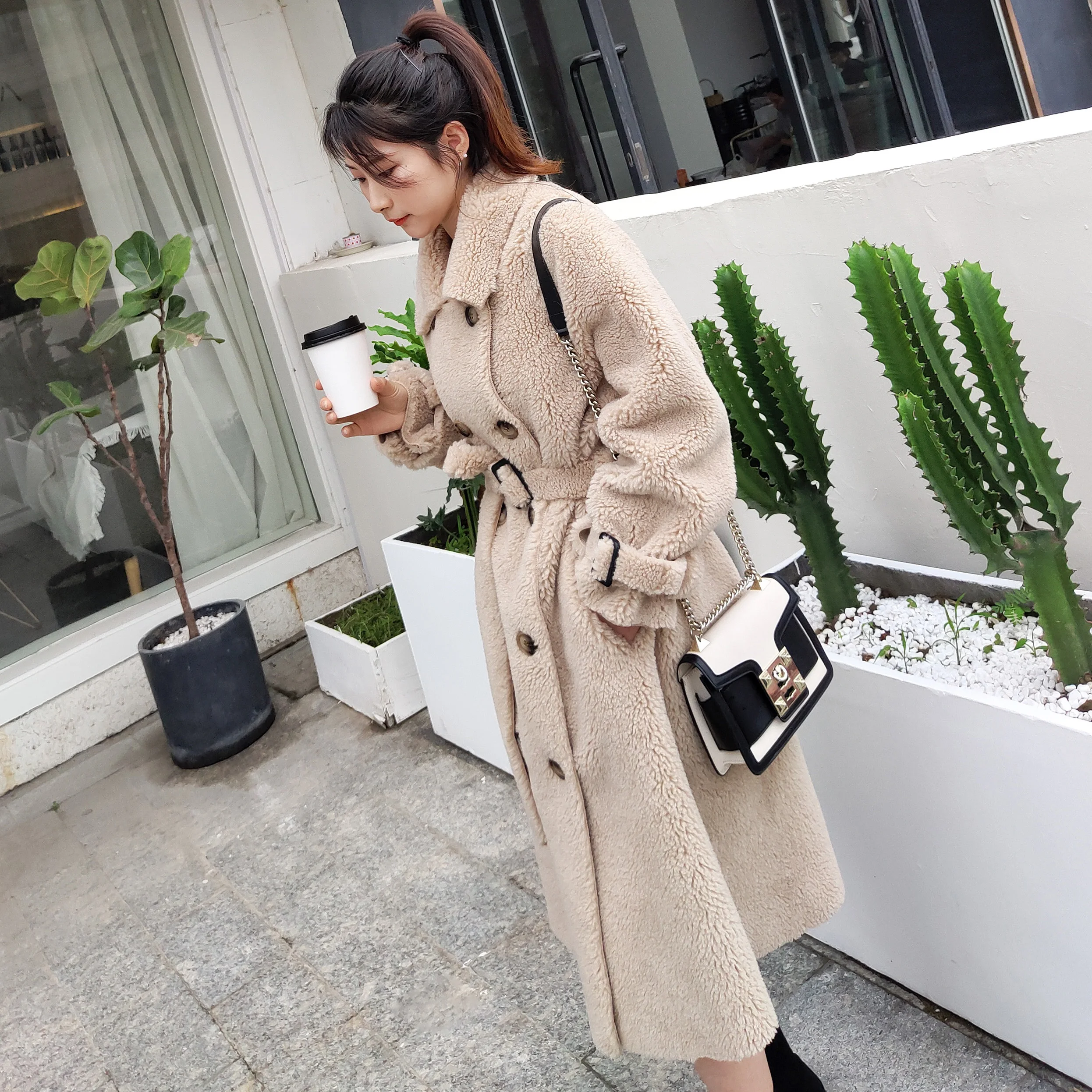 Размера плюс leioouna высшего качества искусственная шерстяная куртка с мехом