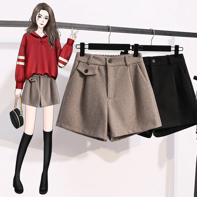 

Женские шерстяные шорты с высокой талией, черные/хаки шорты большого размера с высокой талией, повседневная одежда, осень-зима 2021