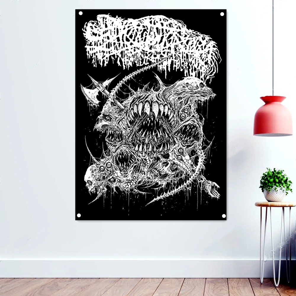 

Death Metal Icon Illustrations Hang Flag Fantastically Brutal Skull Art Poster Skeleton Banners Wall Sticker Home Decoration