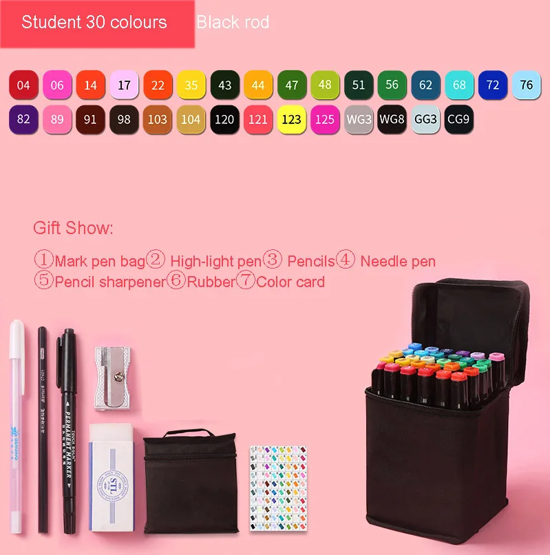 Markers brush Pen Set authentic student double-headed beginner 30/40/60/80 colors oil alcohol painting marker art supplies - Цвет: Student 30 black rod