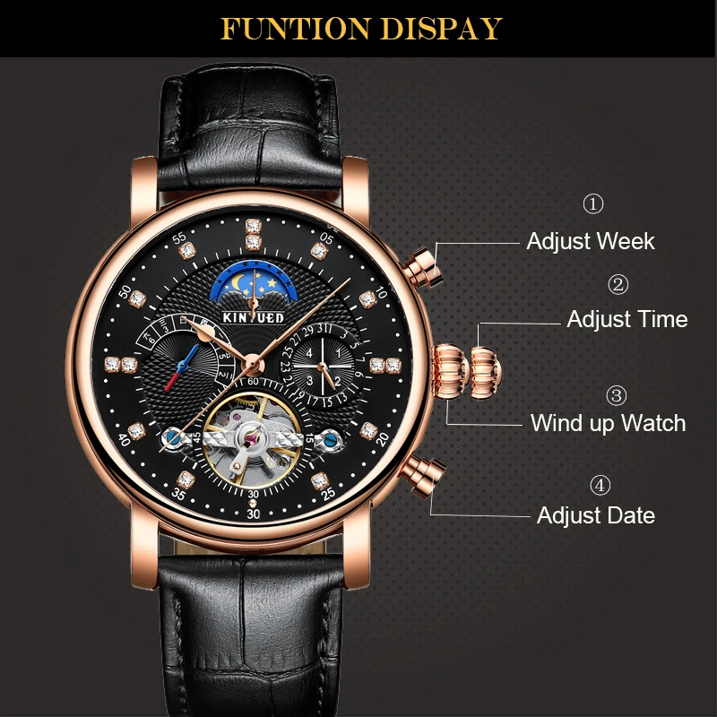 KINYUED Moon Phase Топ бренд для мужчин s механические часы автоматические Турбийон Скелет часы для мужчин календарь Relogio Masculino Прямая поставка
