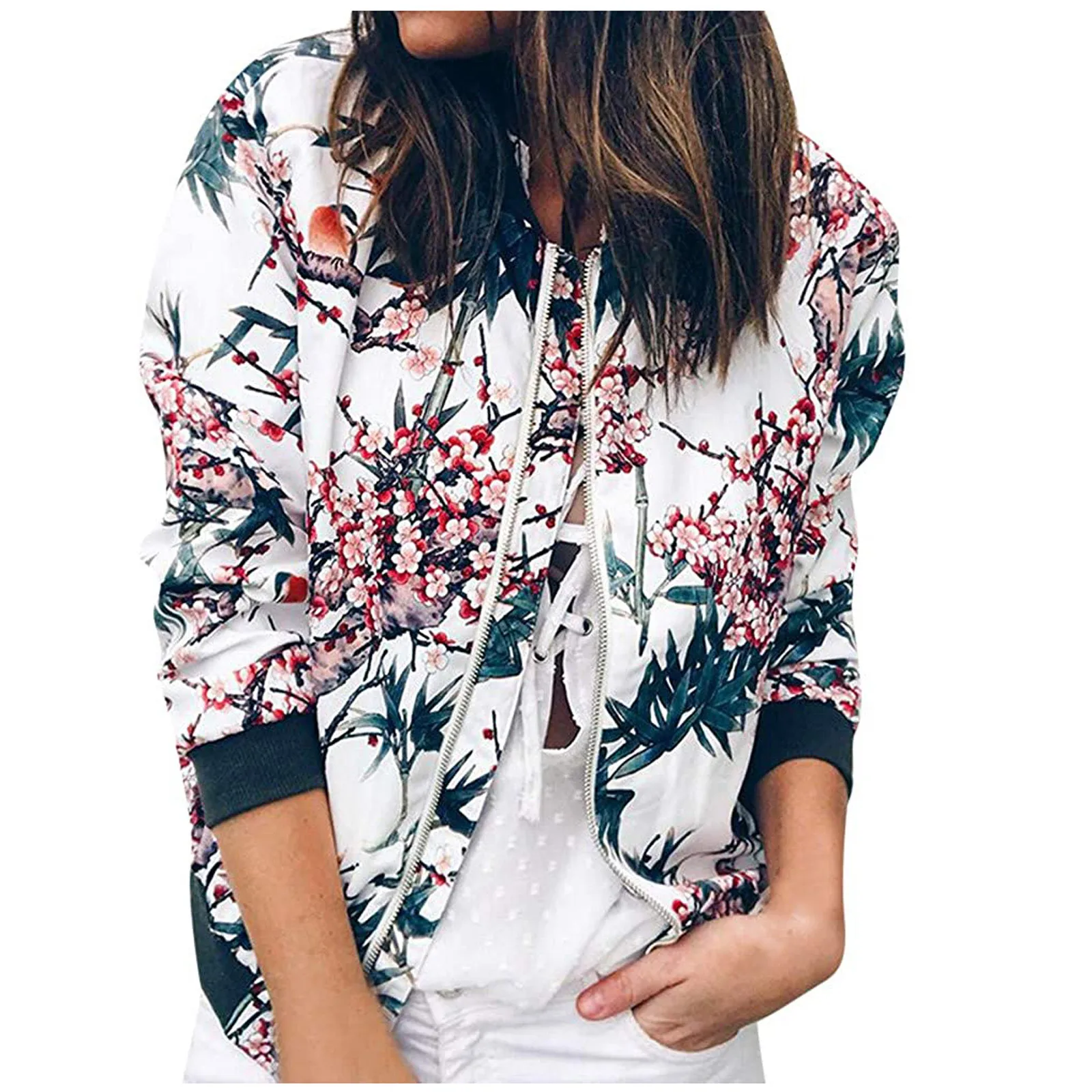 

Женская тонкая куртка-бомбер с цветочным принтом, белая Базовая куртка в европейском стиле, верхняя одежда в стиле ретро, лето 2021