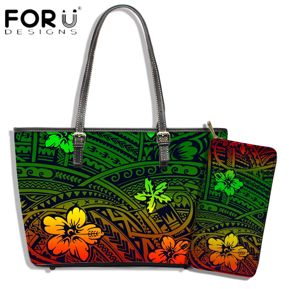 

FORUDESIGNS, Новая модная женская сумочка из искусственной кожи и кошелек, красочный Гавайский цветок с Полинезийским плечевым дизайном