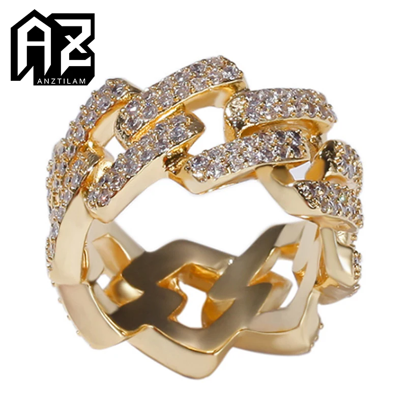 

AZ 14mm Hip Hop Square Cuban Link Iced Out Rings Jewerly Full Cubic Zirconia Cuba Chain Micro Pave Charm Gift Ring For Men Women