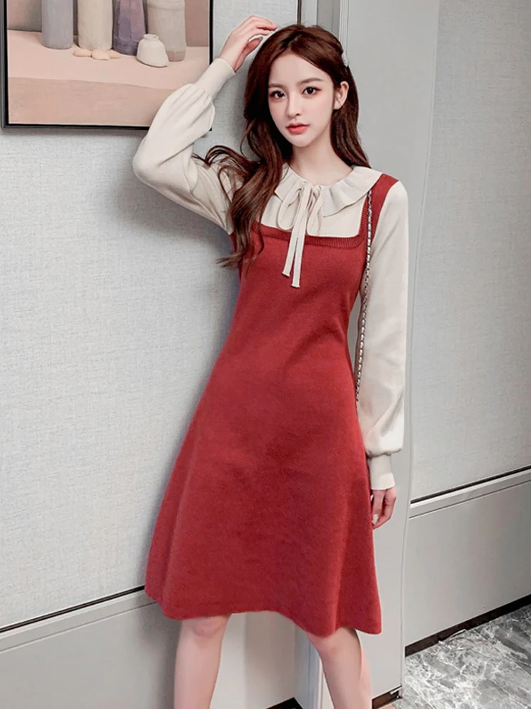 

Вязаное платье, женская зимняя одежда, новинка 2020, юбка-свитер выше колена из двух предметов с длинными рукавами и кукольным воротником