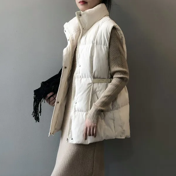 

Women Solid Drawstring Stand Collar Vest Jacket Cotton padded ladies Windproof Waistcoat s292
