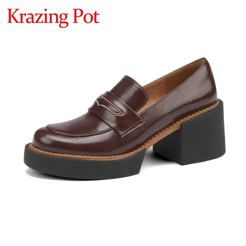 

Krazing pot handmade full grain leather spring loafers round toe mixed colors thick bottom high heels vintage women pumps l37