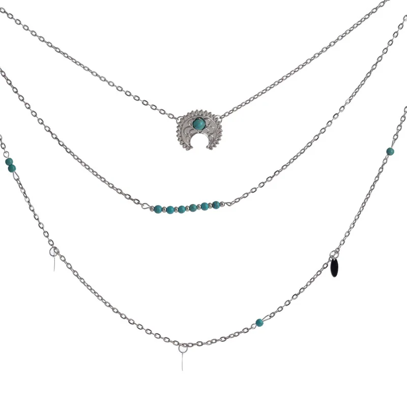 

Bohemian Vintage retro multi layerd Engraving Moon Pendant Necklace Fashion Alloy beads choker Women Jewelry