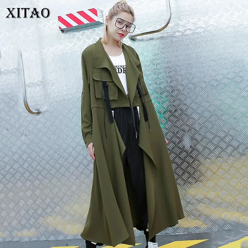 Женский Асимметричный Тренч [XITAO] Черный Повседневный с отложным воротником и