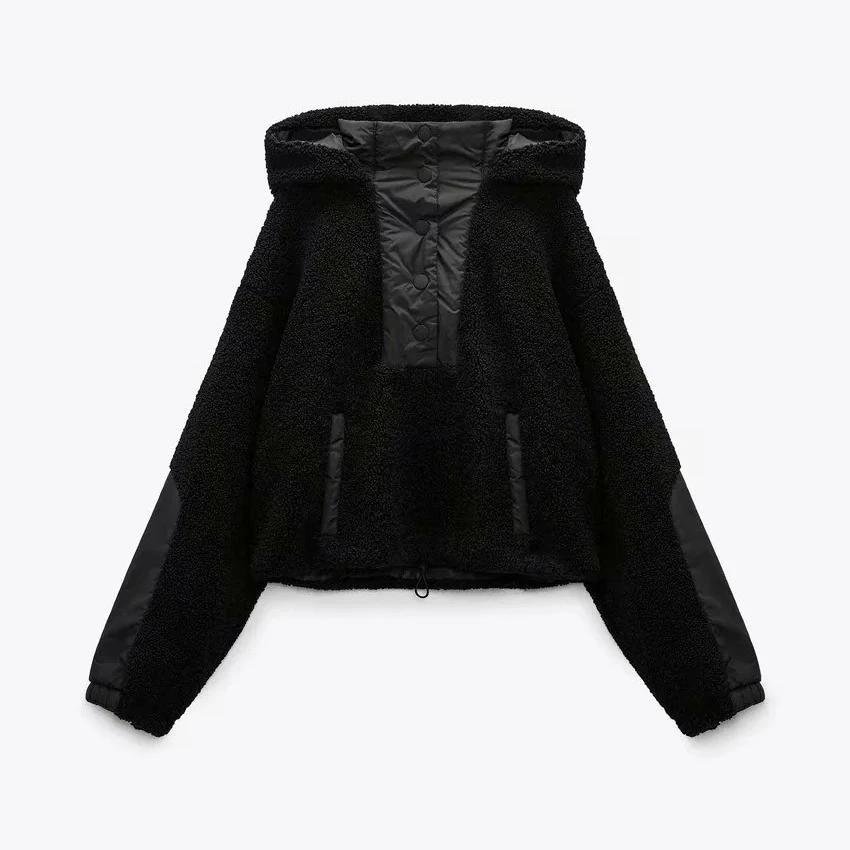 

KRSB Autumn And Winter Women's Black High Tie Hat Stitching Design Long Sleeve Pocket Loose Warm Jacket Casual High Street Style