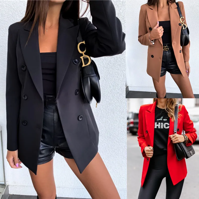

Women Blazer Casual Office Ladies Wear Autumn And Winter Solid Color Long Sleeve Double Breasted Button Suit Temperament Jacket