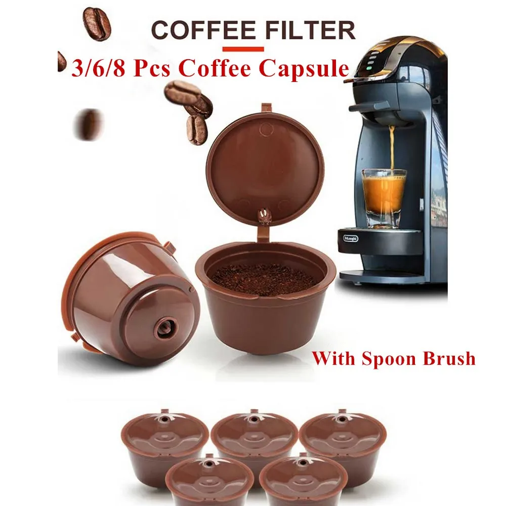 

6/8 Pcs Reusable Nespresso Coffee Capsules Cup With Spoon Brush Refillable Coffee Capsule Filling Filter Coffeeware Kitchen Gift