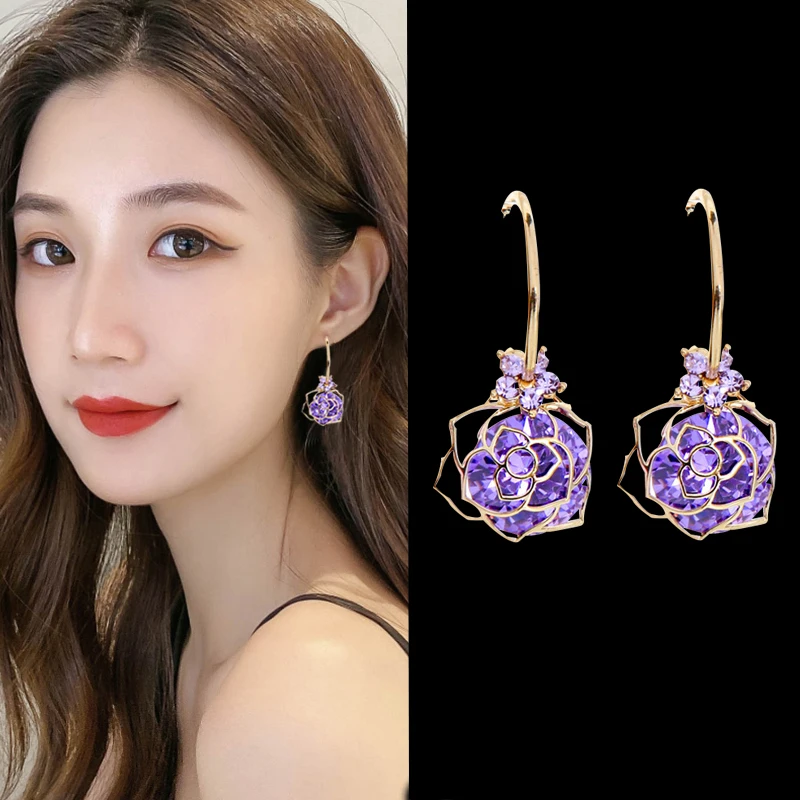 

Fashion famous design camellia crystal earrings for women party flower earring trend