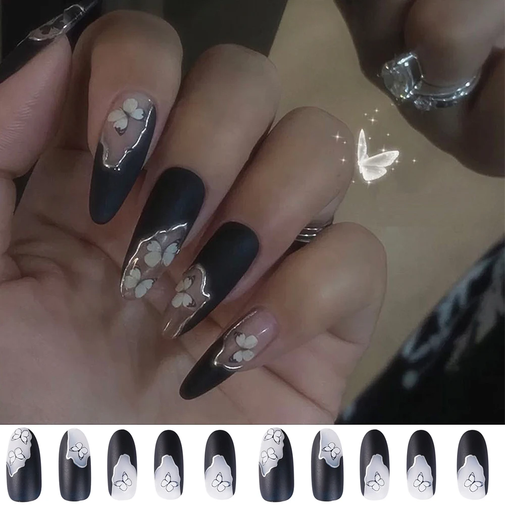 24 шт. длинные французские накладные ногти балерины черная бабочка узор наклейка