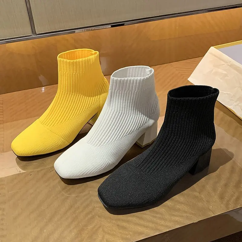 

2021 Autumn New Womens Sock Boots Fashion Black High Heels Ankle Booties Women Casual Beige Square Toe knitting Shoes Woman