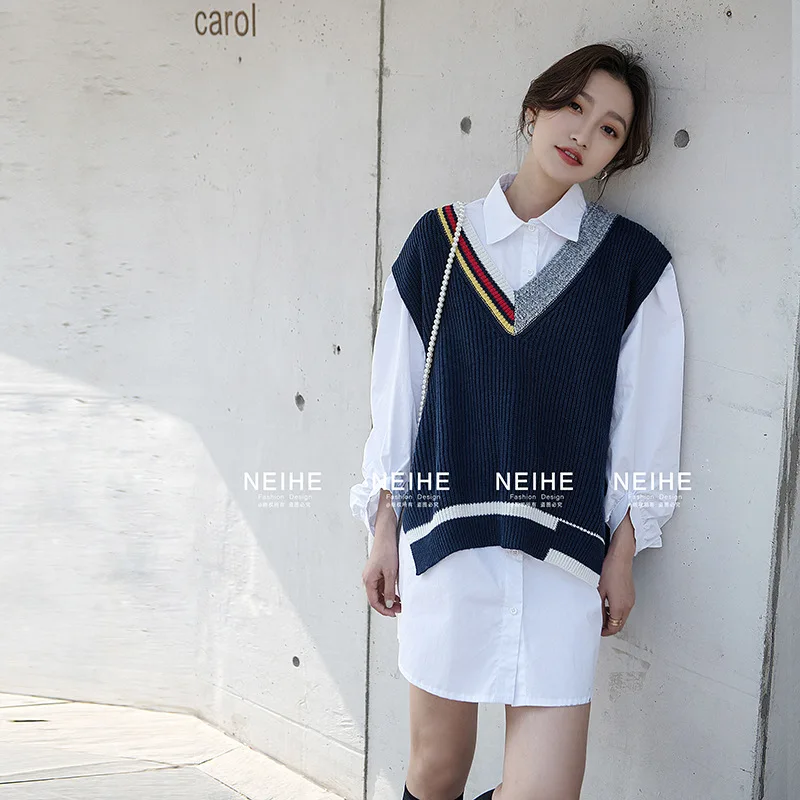 

2020 spring new large size loose matching dress set British college style blouse Skirt Set