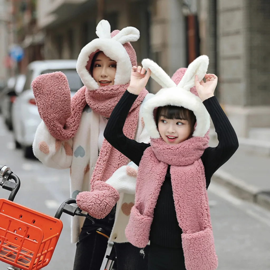 Hot Pink Зимний теплый толстый женский шарф, шапка, зимний плюшевый искусственный милый мультяшный головной убор, защита для ушей, теплый плюшевый головной убор, теплый комплект - Цвет: Hot Pink