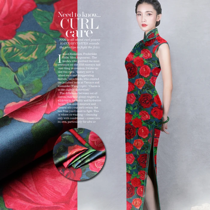 

Шелковая стрейч-атласная ткань с принтом, ширина 118 см, 19 момме, китайские традиционные шелковые платья с рисунком роз