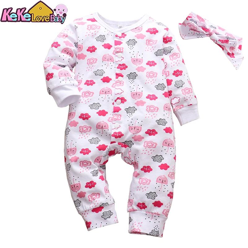 2Pcs Newborn Baby Girls Romper Set Cotton Infant Outfits Long Sleeve Jumpsuit Headband Toddler New Born Clothing Red Print