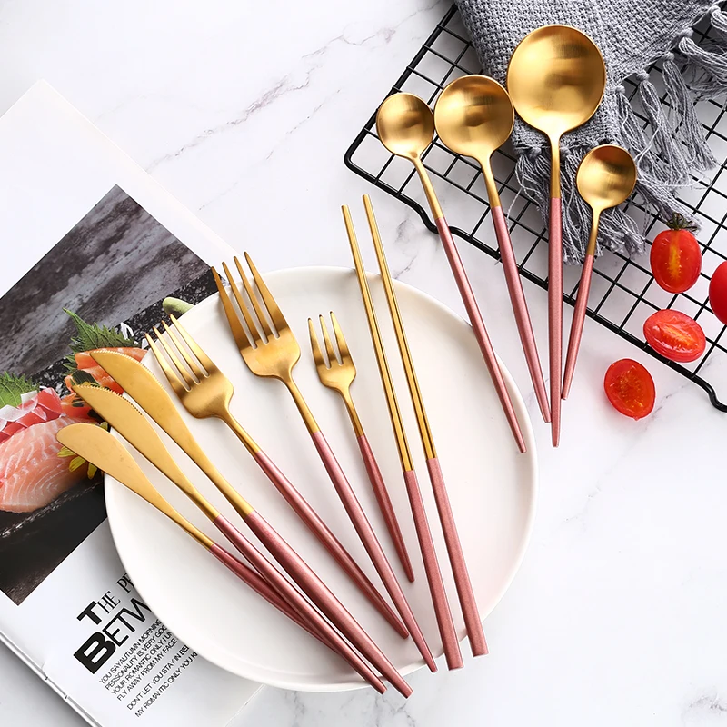 

Pink Gold Western Tableware Steak Knife Fork Coffee Spoon Teaspoon Dinnerware Set Steel Cutlery Stainless Home Dinner