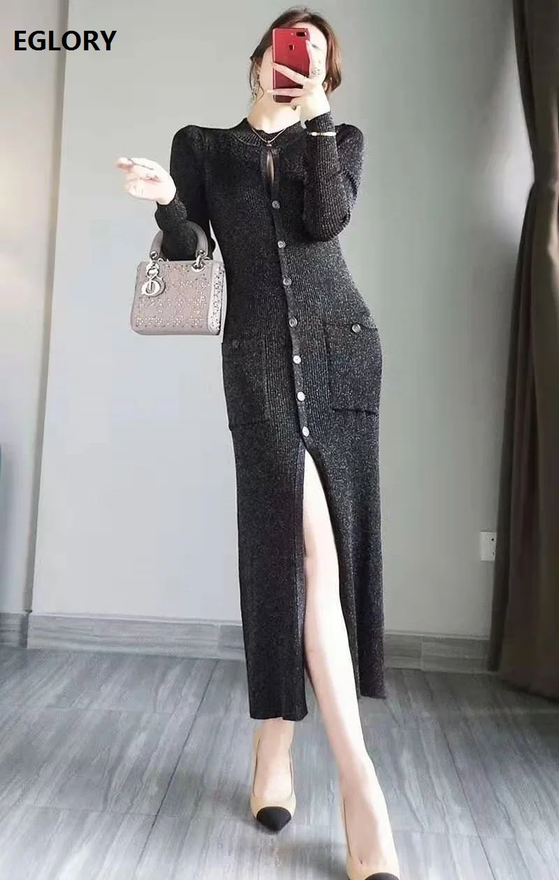High Quality Long Sweater Dress New 2020 Early Spring Fashion Women Pocket Patchwork Sleeve Casual Cardigan Knitwear | Женская одежда
