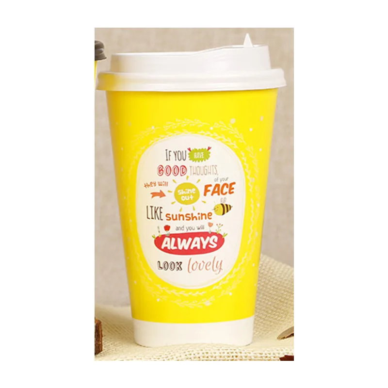 cup and lid 50 шт мультфильм креативная одноразовая кофейная чашка 500 мл вечерние день рождения холодные и горячие напитки толстый молочный бумажный стаканчик для чая с крышкой - Цвет: cup and lid