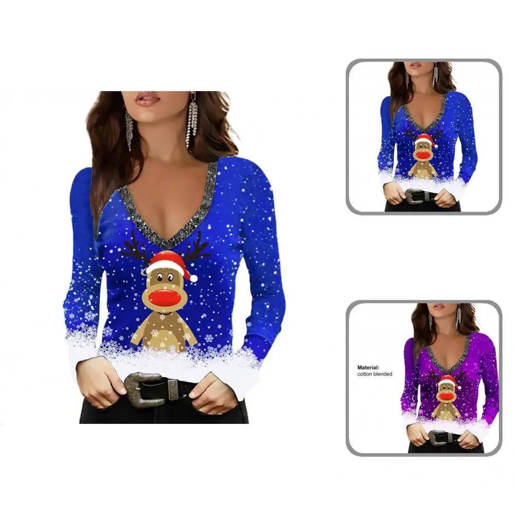 

Tunic Blouse Festive Slim Fit Long Sleeve Cute Elk Print Shiny Women Blouse Bottoming Blouse for Daily Wear