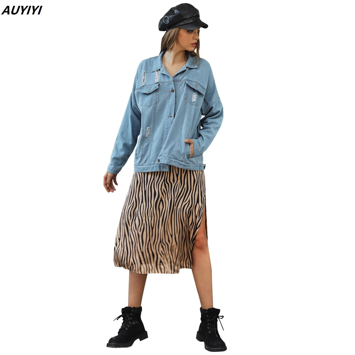 

AUYIYI 2021 Spring And Autumn European And American Fashion Denim Women's Ripped Aqua Blue Long-Sleeved Street Jacket