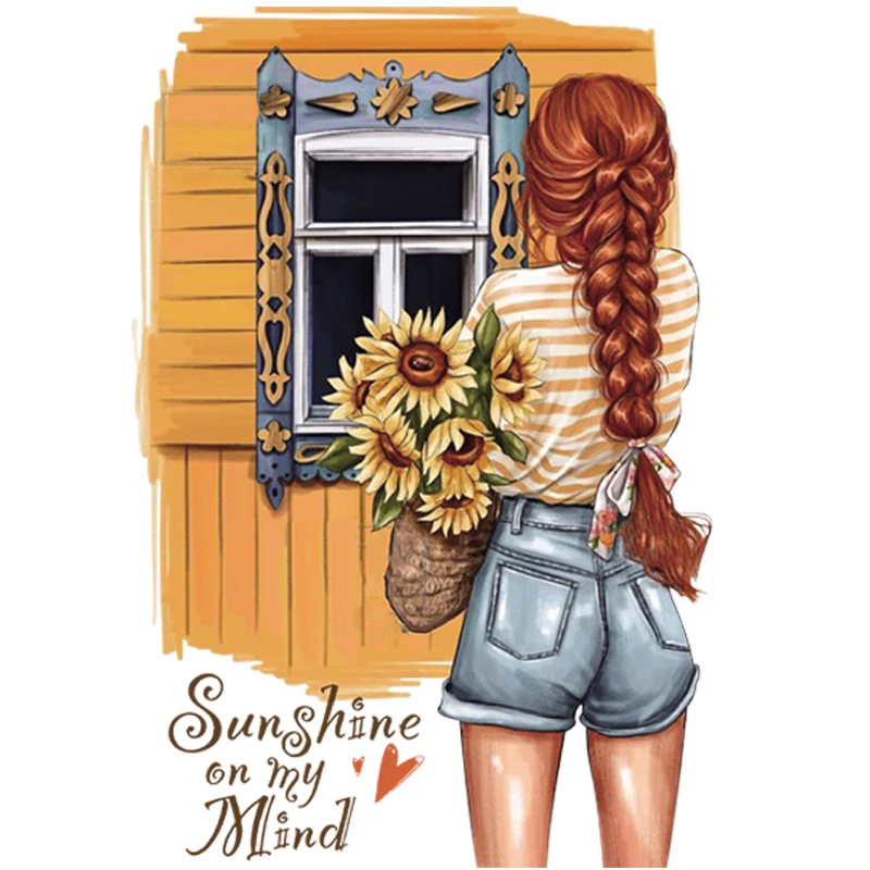 Подсолнухи девушки утюжок на одежде A-уровень моющиеся термотрансферные Diy