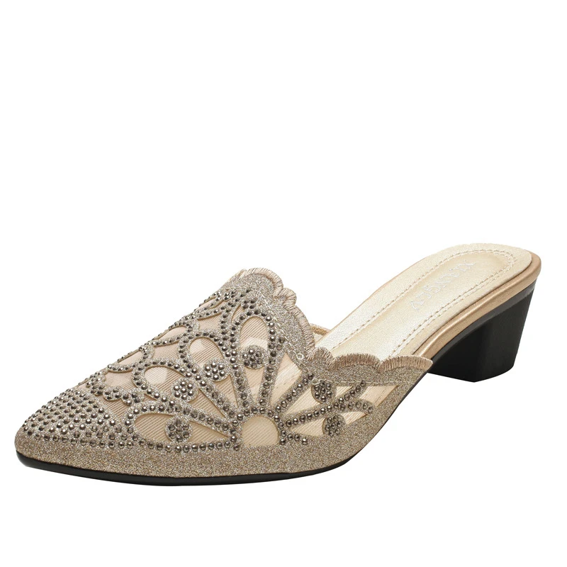 

Summer New Women Leisure Pointed Toe Mules Fashion Rhinestones Mesh Design Lady Comfortable Sandals Female Party Mid Heel Shoes
