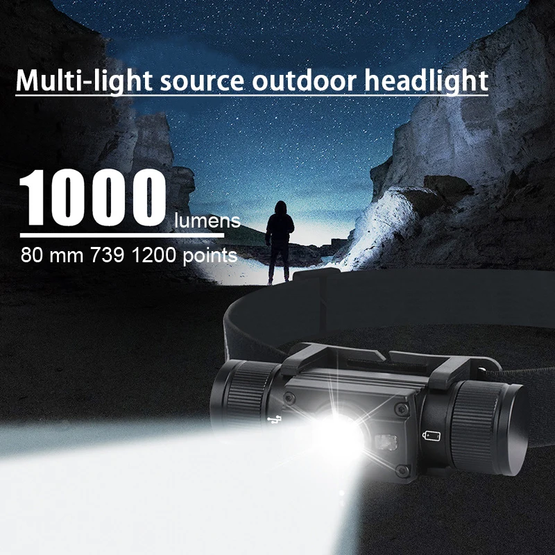 

7 Lighting Modes Rechargeable Headlamp Type-C 1000LM 200-500m Range Multi-Light Source Waterproof Outdoor Work Light BHD2