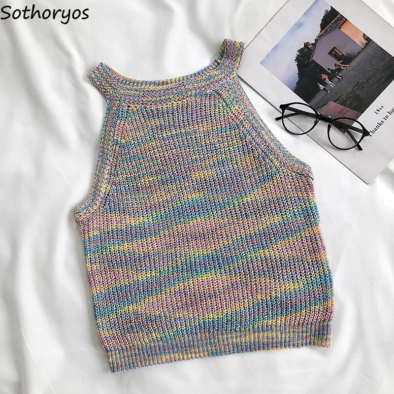 Женская вязаная майка без рукавов Ulzzang летняя разноцветная винтажная безрукавка