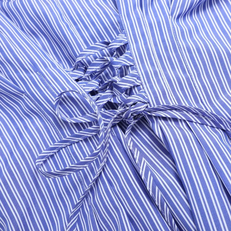 

Women Blue Stripe Dress Off the Shoulder Slim Lady A-line Dresses Full Sleeve Fashion New Lace Up Single-breasted Pleated Dress