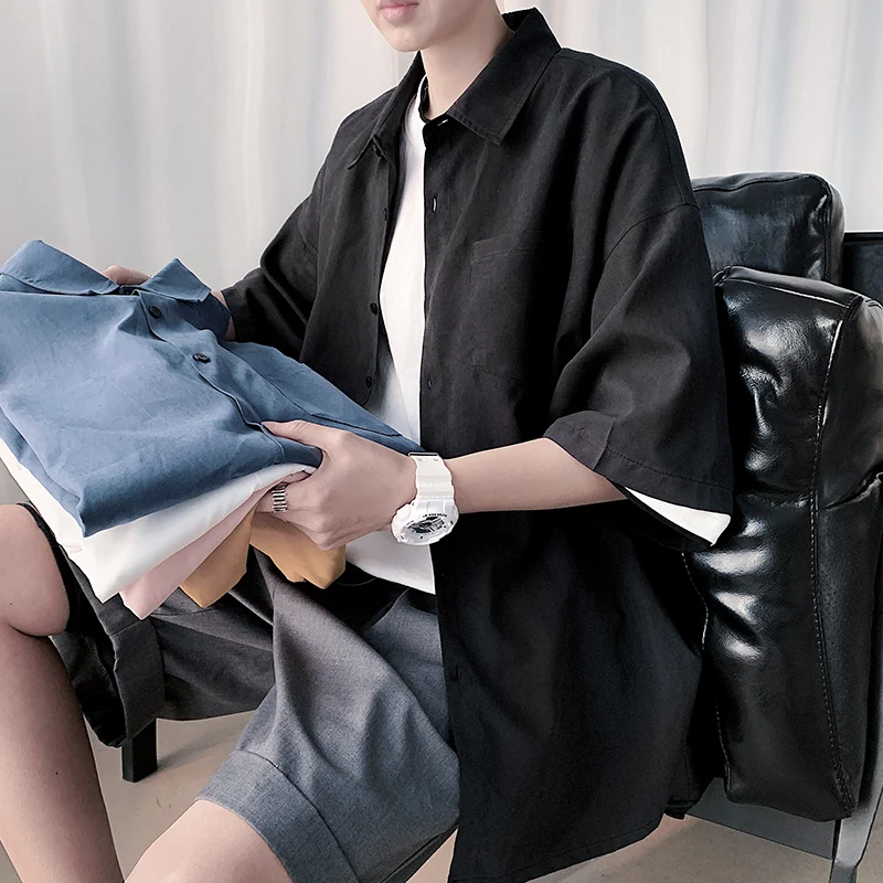 

2021 Men's Blouses Turn-down Collar Spring Shirts Plaid All-match Tops Short Sleeve Korean Style Tops Shirts