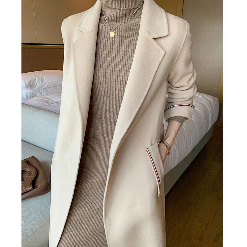 

High end luxury double faced overcoat women's medium length 100% wool coat autumn winter warm coat wool coat