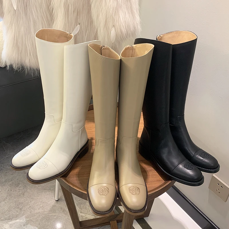 

MKKHOU Fashion Knee-high Boots Women 2020 New Winter Leather Round-toe Camellias Pile warm Middle Heel Straight Leather Boots