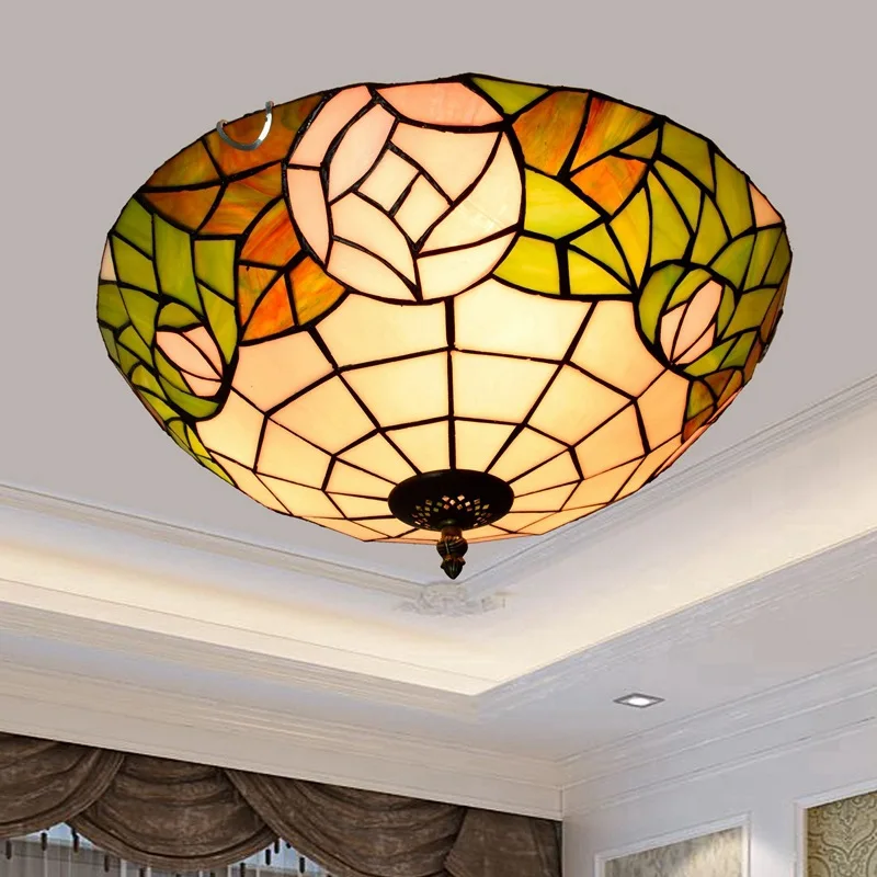 

European-Style Creative Rose Vintage Tiffany Colored Glass Corridor Balcony Bedroom Ceiling Lamp 40cm