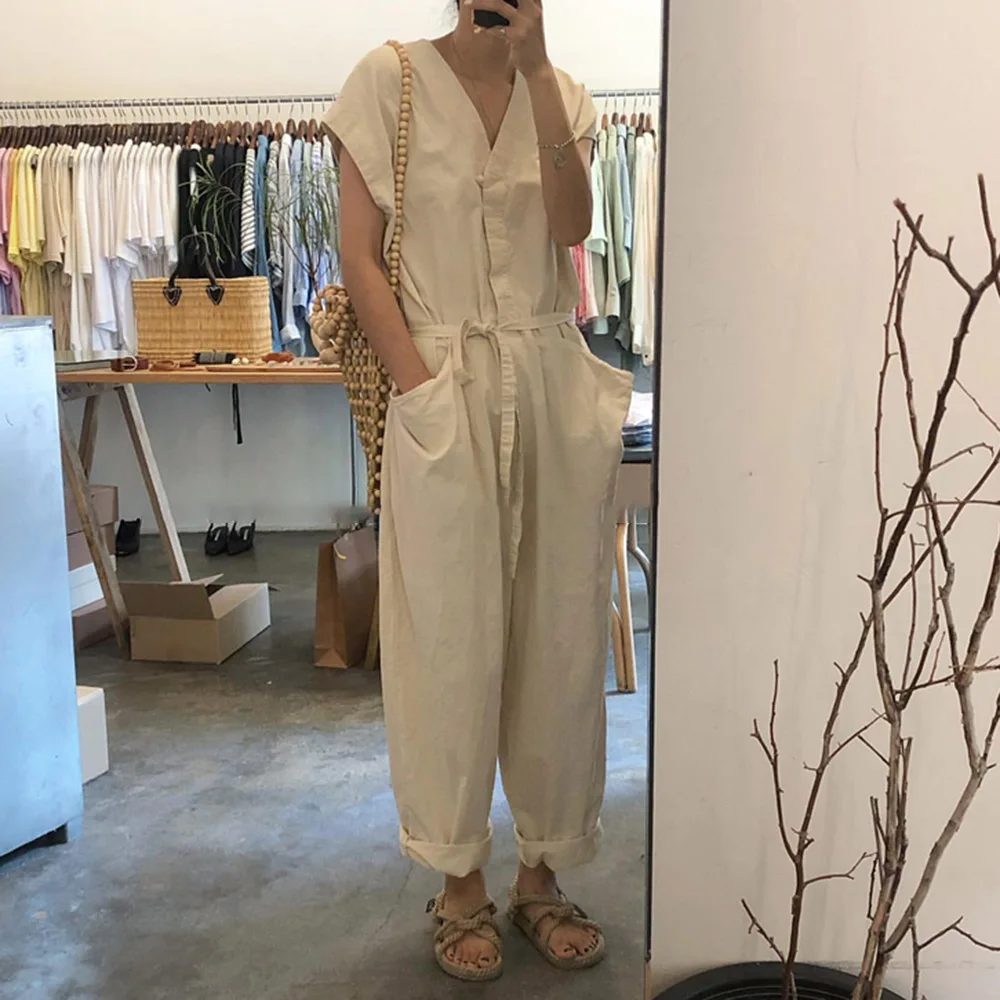 Повседневные Летние Длинные Комбинезоны простые 2020 Корейский Японский стиль с