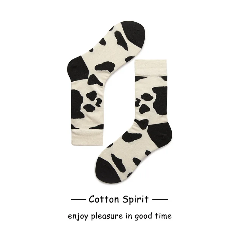 Women Men Solid Cow Print Cotton Sport Socks Ankle Socks Girls Unisex Ivory Base Black Pattern Winter Socks 5 pairs/ lot AL184SC