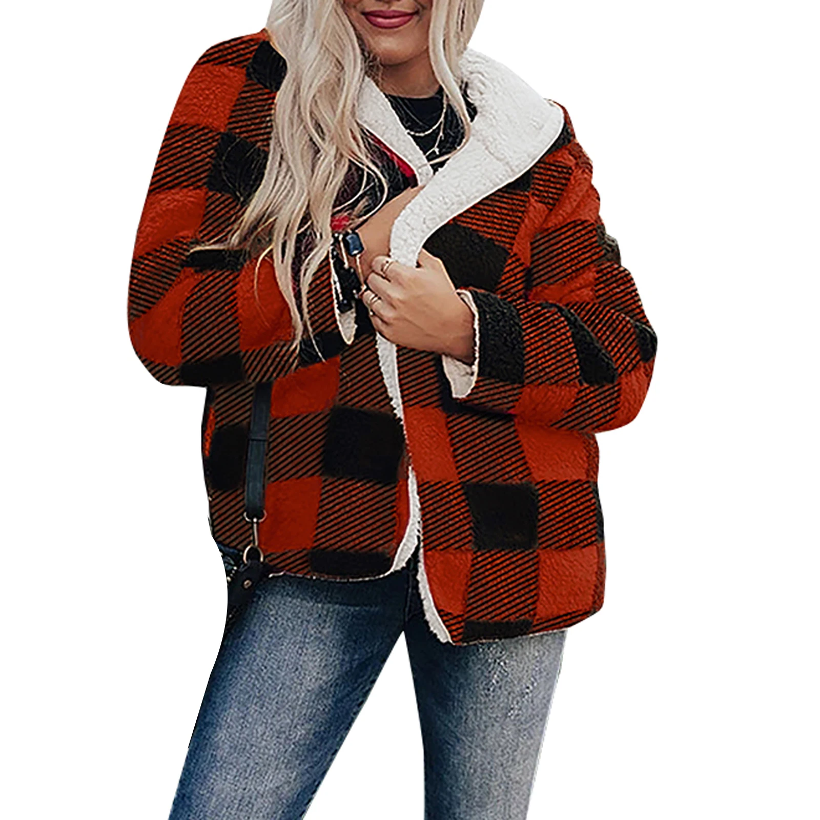 

Women Loose Style Plush Coat, Plaid and Stripe Printed Pattern Reversible Overcoat, Red/ Khaki