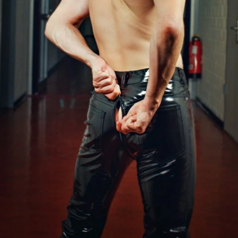 

Мужские сексуальные экзотические брюки из ПУ латекса, на молнии