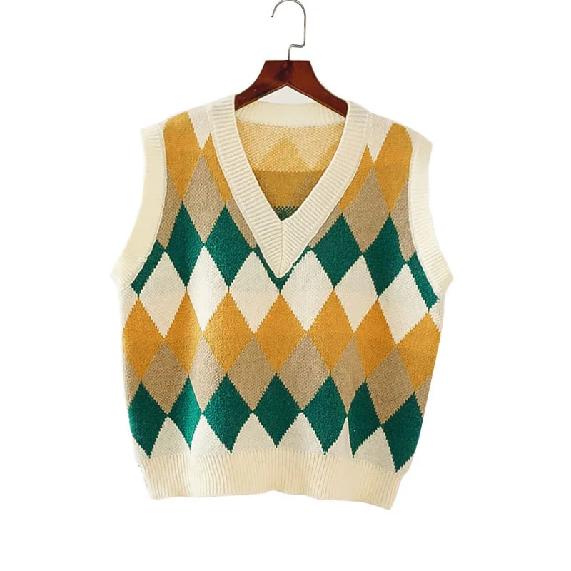 

Spring Autumn Knit Vest Women V-Neck Knitted Sweater Coat Sleeveless Striped Waistcoat Outwear Preppy Chalecos Para Mujer