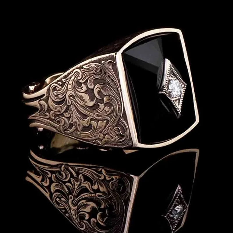 Фото Винтажное мужское кольцо принцессы с черным кристаллом античные кольца цветами